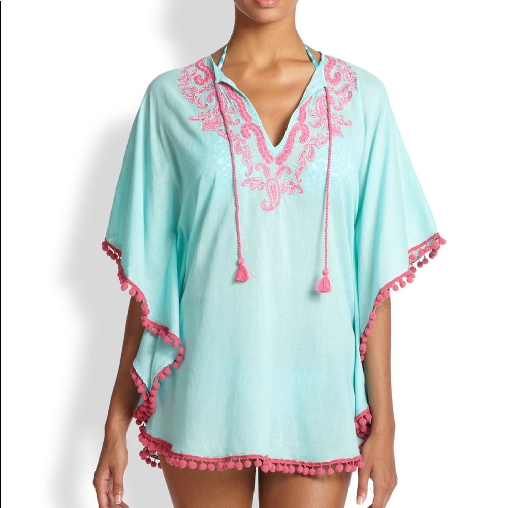 OndadeMar Pom Pom Trim Cotton Poncho coverup